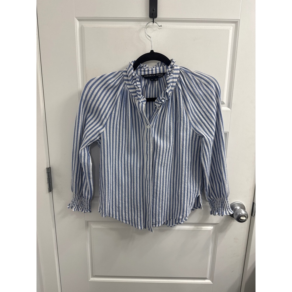 Veronica Beard Jeans Blue White Striped‎ Seersucker Ruffle Collar Blouse XS